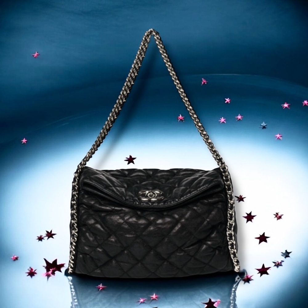 💕CHANEL BLACK Quilted Distressed / Washed Lambskin Double Chain Tote Silver HW